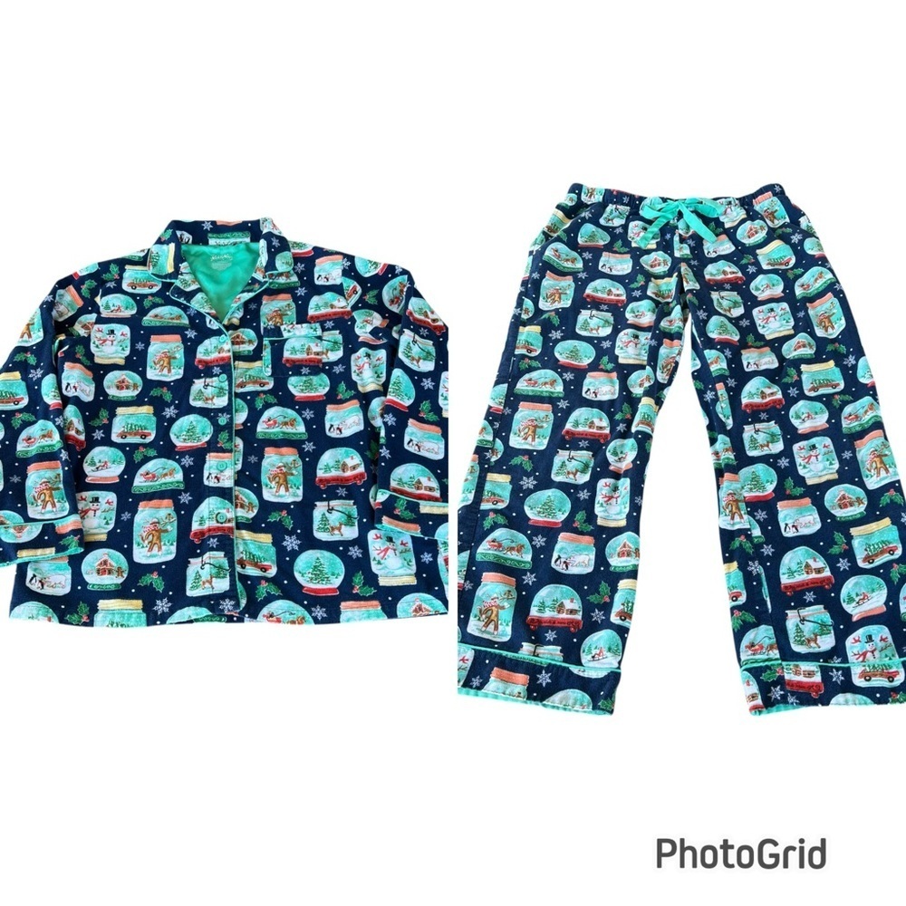 Nick & Nora Snow Globe Holiday Flannel Pajama Set Blue Teal Sock Monkey Snow Lrg